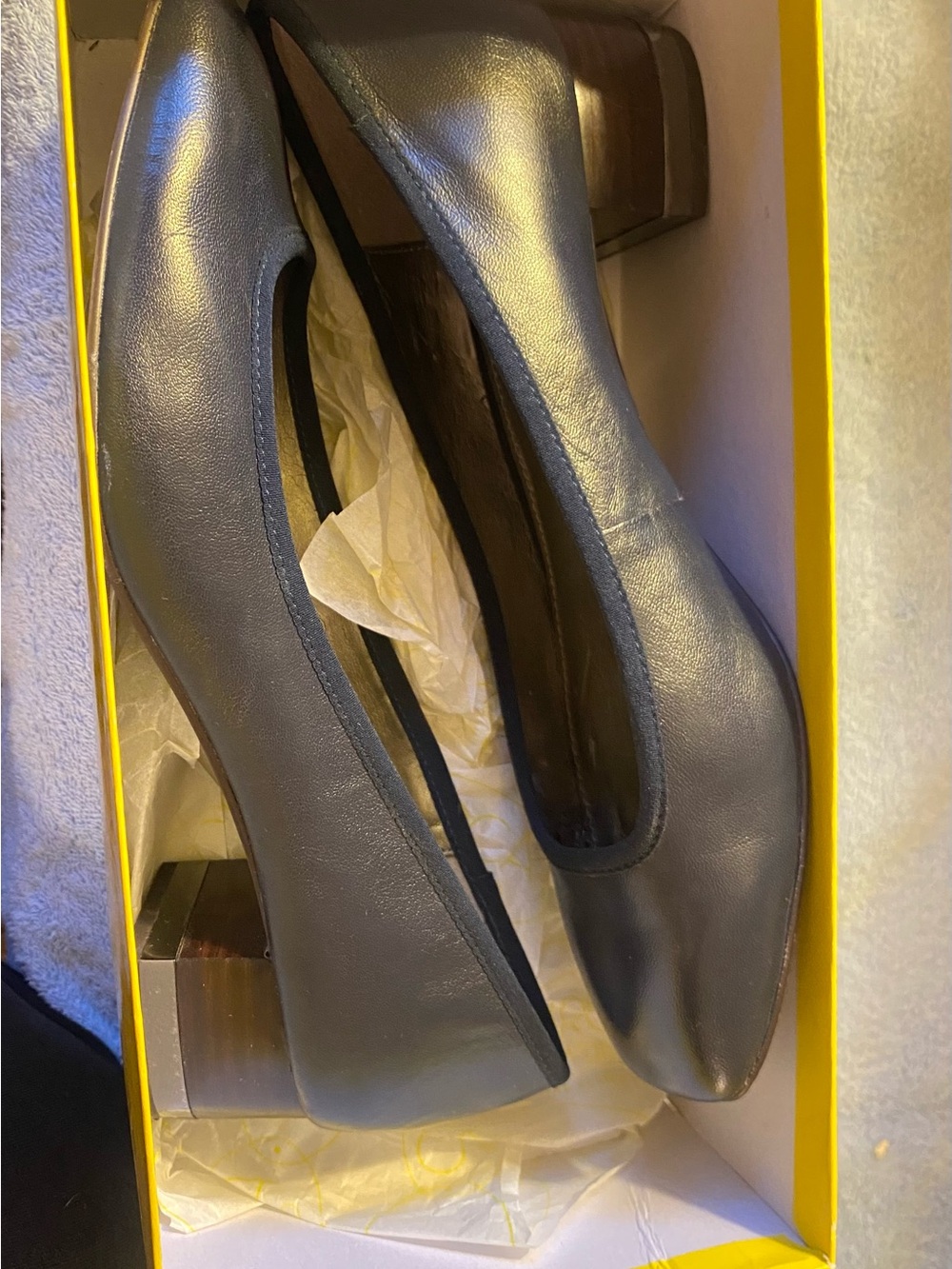 Classic Navy Women's Leather Pumps - Sleek Square Toe Gold Heel Accent - Picture 2 of 6